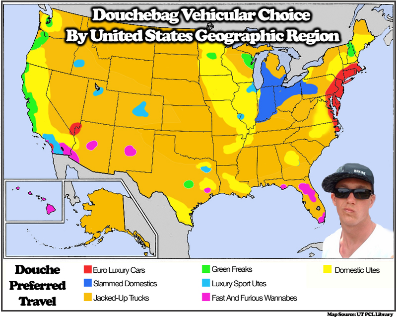 Illustration for article titled The Official Jalopnik Map Of United States Vehicular Douchebaggery